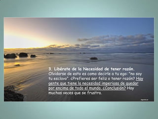 3. Libérate de la Necesidad de tener razón.
Olvidarse de esto es como decirle a tu ego: "no soy
tu esclavo". ¿Prefieres ser feliz o tener razón? Hay
gente que tiene la necesidad imperiosa de quedar
por encima de todo el mundo. ¿Conclusión? Hay
muchas veces que se frustra.
 