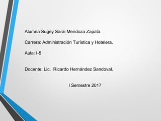 Alumna Sugey Sarai Mendoza Zapata.
Carrera: Administración Turística y Hotelera.
Aula: I-5
Docente: Lic. Ricardo Hernández Sandoval.
I Semestre 2017
 