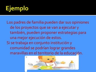 Los padres de familia pueden dar sus opiniones
  de los proyectos que se van a ejecutar y
  también, pueden proponer estrategias para
  una mejor ejecución de estos.
Si se trabaja en conjunto institución y
  comunidad se podrían lograr grandes
  maravillas en el territorio de la educación.
 