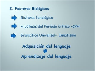 Sistema fonológico
Hipótesis del Período Crítico –CPH
Gramática Universal- Innatismo
2. Factores Biológicos
Adquisición del lenguaje
Aprendizaje del lenguaje
 