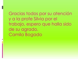 Gracias todos por su atención
y a la profe Silvia por el
trabajo, espero que halla sido
de su agrado.
Camila Bogado
 