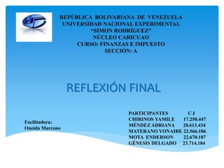 REFLEXIÓN FINAL
REPÚBLICA BOLIVARIANA DE VENEZUELA
UNIVERSIDAD NACIONAL EXPERIMENTAL
“SIMON RODRÍGUEZ”
NÚCLEO CARICUAO
CURSO: FINANZAS E IMPUESTO
SECCIÓN: A
PARTICIPANTES C.I
CHIRINOS YAMILE 17.250.447
MÉNDEZ ADRIANA 20.613.434
MATERANO YONAIRE 22.566.186
MOTA ENDERSON 22.670.187
GÉNESIS DELGADO 23.714.184
Facilitadora:
Oneida Marcano
 