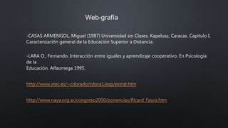 Web-grafía
-CASAS ARMENGOL, Miguel (1987) Universidad sin Clases. Kapelusz, Caracas. Capítulo I.
Caracterización general de la Educación Superior a Distancia.
-LARA O., Fernando, Interacción entre iguales y aprendizaje cooperativo. En Psicología
de la
Educación. Alfaomega 1995.
http://www.xtec.es/~cdorado/cdora1/esp/estrat.htm
http://www.naya.org.ar/congreso2000/ponencias/Ricard_Faura.htm
 