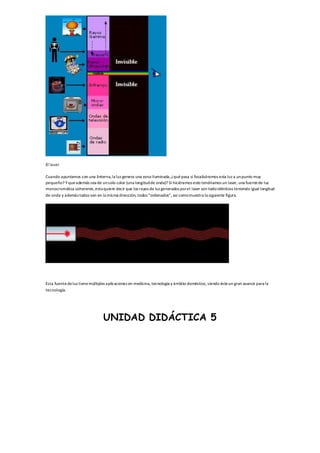 El laser
Cuando apuntamos con una linterna,la luz genera una zona iluminada,¿quépasa si focalizáramos esta luz a unpunto muy
pequeño? Y queademás sea de unsolo color (una longitudde onda)? Si hiciéramos esto tendríamos un laser, una fuentede luz
monocromática coherente,estoquiere decir que los rayos de luz generados porel laser son todoidénticos teniendo igual longitud
de onda y además todos van en la misma dirección, todos “ordenados”, así comomuestra la siguiente figura.
Esta fuentedeluz tienemúltiples aplicaciones en medicina, tecnología y ámbito doméstico, siendo ésteun gran avance para la
tecnología.
UNIDAD DIDÁCTICA 5
 