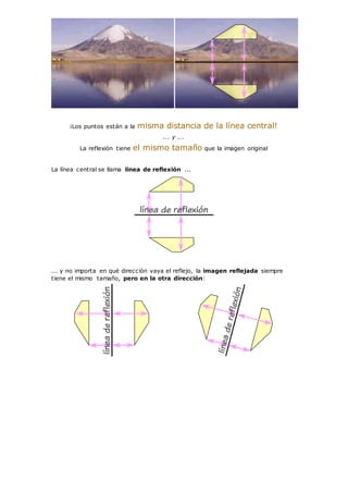 ¡Los puntos están a la misma distancia de la línea central!
... y ...
La reflexión tiene el mismo tamaño que la imagen original
La línea central se llama línea de reflexión ...
... y no importa en qué dirección vaya el reflejo, la imagen reflejada siempre
tiene el mismo tamaño, pero en la otra dirección:
 