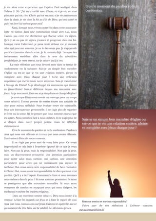 Je vis alors cette expérience que l'apôtre Paul souligne dans
Galates 2: 20: "J'ai été cruciﬁé avec Christ; et si je vis, ce n'est
plus moi qui vis, c'est Christ qui vit en moi; si je vis maintenant
dans la chair, je vis dans la foi au Fils de Dieu, qui m'a aimé et
qui s'est livré lui-même pour moi." 
          Ainsi, lorsque nous vivons notre foi dans cette assurance
forte en Christ, dans une communion totale avec Lui, nous
n'avons pas cette vie chrétienne qui ﬂuctue selon les signes.
Qu'il y ait ou pas de signes, j'avance et progresse dans ma foi.
Lorsque vient l'adversité, je peux tenir debout car je connais
celui qui peut me soutenir. Je ne le découvre pas. Je n'apprends
pas à le connaitre dans la crise. Je le connais déjà. Lorsque des
événements semblent aller dans le sens du calendrier
prophétique, je reste serein, car je sais en qui j'ai cru. 
         La vraie réﬂexion que nous devons avoir dans ce temps de
conﬁnement est la suivante: Suis-je un simple bon membre
d'église ou est-ce que je vis une relation entière, pleine et
complète avec Jésus chaque jour ? C'est une réﬂexion
importante qui mérite toute notre attention. Suis-je transformé
à l'image du Christ? Ai-je développé les sentiments qui étaient
en jésus-Christ? Suis-je différent depuis ma rencontre avec
Jésus? Ai-je rencontré Jésus ou ai-je simplement changé d'église?
           Je crois que Dieu nous envoie un message pour un temps
come celui-ci. Il nous permet de mettre toutes nos activités de
côté pour mieux réﬂéchir. Pour évaluer notre vie spirituelle.
Pour une introspection personnelle. Il ne s'agit plus de regarder
le frère ou la soeur. Ni de penser que nous sommes mieux que
les autres. Nous sommes face à nous-mêmes. Il ne s'agit plus de
se draper dans notre propre justice, mais de réﬂéchir
sérieusement. 
            C'est le moment du pardon et de la confession. Pardon à
ceux qui nous ont offensés et à ceux que nous avons offensés.
Confession à Dieu de nos errements. 
        Il ne s'agit pas pour moi de vous faire peur. Ce serait
improductif et cela irait à l'extrême opposé de ce que je veux
faire. Non pas la peur, mais la responsabilité. Non par la peur,
mais un discernement renouvelé. Une attention particulière
pour notre salut mais surtout; oui surtout, une attention
particulière pour ceux qui ne connaissent pas encore le
bonheur. Oui, nous avons cette responsabilité de faire connaître
le Christ. Oui, nous avons la responsabilité de dire que tout n'est
pas ﬁni. Qu'il y a de l'espoir. Comment le faire si nous sommes
nous-mêmes dans la peur ? Si nous sommes pessimiste. Si nous
ne partageons que des mauvaises nouvelles. Si nous nous
trompons de combat en attaquant ceux qui nous dirigent, les
médecins et même les leaders religieux. 
           Dans un moment comme celui-ci, Dieu nous invite à la
retenue. A ﬁxer les regards sur Jésus et à ﬁxer le regard de tous
ceux que nous connaissons sur Jésus. Evitons les querelles sur ce
qui auraient du être faits, sur la validité des décisions prises.
C'est le moment du pardon et de laC'est le moment du pardon et de la
confession.confession.
     Restons sereins et soyons responsables!
  Faites part de vos réﬂexions à l'adresse suivante:
guy.saxemard@live.fr
Suis-je un simple bon membre d'église ouSuis-je un simple bon membre d'église ou
est-ce que je vis une relation entière, pleineest-ce que je vis une relation entière, pleine
et complète avec Jésus chaque jour ?et complète avec Jésus chaque jour ?
 