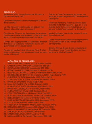 SABÍEU QUE...
Aspàsia de Milet fou professora de Sòcrates a         Gràcies a Clara Campoamor les dones van
l’Atenes del segle v aC?                              votar per primera vegada el 1933 a la República
                                                      Espanyola?
Caterina d'Alexandria va ser durant segles la patrona
de la filosofia?                                      Frederica Montseny va ser la primera dona
                                                      ministra de l’Estat espanyol i que, en el seu
La vida monacal va ser una de les poques vies         mandat durant el govern republicà, es va
d’accés a la cultura per a les dones?                 aprovar la llei d’avortament i la de divorci?

Christine de Pizan va ser la primera dona que de María Zambrano va estudiar la relació entre
l’escriptura en va fer una professió i va ser la primera filosofia i poesia?
autora d’una utopia renaixentista l’any 1405?
                                                         L’obra de Simone de Beauvoir El segon sexe va
Olympe de Gouges proclamà la Declaració dels Drets ser qualificada en el seu temps d’obra
de la Dona i la Ciutadana l’any 1791 i que va ser        pornogràfica?
guillotinada per les seves idees?
                                                         Simone Weil va deixar de ser professora de
Passeigs per Londres i Unió obrera, de Flora Tristan, filosofia per viure l’experiència de ser una
estan considerades com a precursores de les obres obrera a la fàbrica Renault?
de Marx i Engels?


      ANTOLOGIA DE PENSADORES
1.    ASPÀSIA DE MILET (Milet, 470 aC-Atenes, 410 aC)
2.    CATERINA D’ALEXANDRIA (Alexandria, 289-307)
3.    HIPATIA D’ALEXANDRIA (Alexandria, 370-415)
4.    ROSWITA O HROSVITHA (Saxònia, 935-aprox. 975)
5.    HELOÏSA DEL PARÀCLIT (París, 1101-Nogent-sur-Marne, 1164)
6.    HILDEGARDA DE BINGEN (Bermersheim, 1098- Rupertsberg, 1179)
7.    CHRISTINE DE PIZAN (Venècia, 1365-Poissy, 1431)
8.    TERESA DE ÁVILA (Àvila, 1515-Alba de Tormes, 1582)
9.    MARIE DE GOURNAY (París, 1566-1645)
10.   Mme. de SÉVIGNÉ (París, 1626-Grignan, 1696)
11.   OLYMPE DE GOUGES (Montauban, 1748-París, 1793)
12.   MARY WOLLSTONECRAFT (Londres, 1759-1797)
13.   FLORA TRISTAN (París, 1803-Bordeus, 1844)
14.   CONCEPCIÓN ARENAL (El Ferrol, 1820-Vigo, 1893)
15.   ROSA LUXEMBURG (Zamosc, Polònia, 1871-Berlín, 1919)
16.   ROSA SENSAT (El Masnou, 1873-Barcelona 1961)
17.   CLARA CAMPOAMOR (Madrid, 1888-Lausanne, 1972)
18.   EDITH STEIN (Breslau, 1891-Auswitz, 1942)
19.   FREDERICA MONTSENY (Madrid, 1905-Toulouse, 1994)
20.   HANNAH ARENDT (Hannover, 1906-Nova York, 1975)
21.   MARÍA ZAMBRANO (Vélez-Málaga, 1907-Madrid, 1991)
22.   SIMONE DE BEAUVOIR (París, 1908-1986)
23.   SIMONE WEIL (París, 1909-Londres, 1943)
24.   MARIA AURÈLIA CAPMANY (Barcelona, 1918-1991)
 