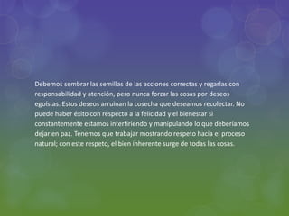 Debemos sembrar las semillas de las acciones correctas y regarlas con
responsabilidad y atención, pero nunca forzar las cosas por deseos
egoístas. Estos deseos arruinan la cosecha que deseamos recolectar. No
puede haber éxito con respecto a la felicidad y el bienestar si
constantemente estamos interfiriendo y manipulando lo que deberíamos
dejar en paz. Tenemos que trabajar mostrando respeto hacia el proceso
natural; con este respeto, el bien inherente surge de todas las cosas.
 