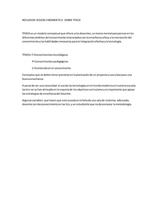 REFLEXION-SESION IIMOMENTO3- SOBRE TPACK
TPACKesun modeloconceptual que ofrece alosdocentes,unmarcomental parapensarenlos
diferentesámbitosdelconocimientorelacionadosconlaenseñanza eficazylainteraccióndel
conocimientoylashabilidades necesariasparalaintegraciónefectivaylatecnología.
TPACK=T=Conocimientostecnológicos
P=Conocimientospedagógicos
C=Contenidoenel conocimiento
Conceptosque se debentenerpresente enlaplaneaciónde un proyectoouna clase para una
buenaenseñanza.
A pesarde ser una necesidad el usode lastecnologíasenel mundomodernoennuestraescuela
lastics no se han alineadoenlamayoríade losobjetivoscurricularesyesimportante que apoye
lasestrategias de enseñanzadel docente.
Algunasvariables que hacenque estosucedaeslafaltade una salade sistemas adecuada,
docente condesconocimientoenlastics,yun estudiante que nodesconozca lametodología.