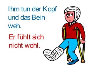 Ihm tun der Kopf
und das Bein
weh.
Er fühlt sich
nicht wohl.

 