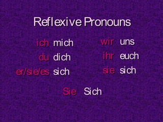 Reflexive Pronouns
ich mich
du dich
er/sie/es sich

wir
ihr
sie

Sie Sich

uns
euch
sich

 