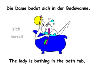 Die Dame badet sich in der Badewanne.

sich
herself

The lady is bathing in the bath tub.

 