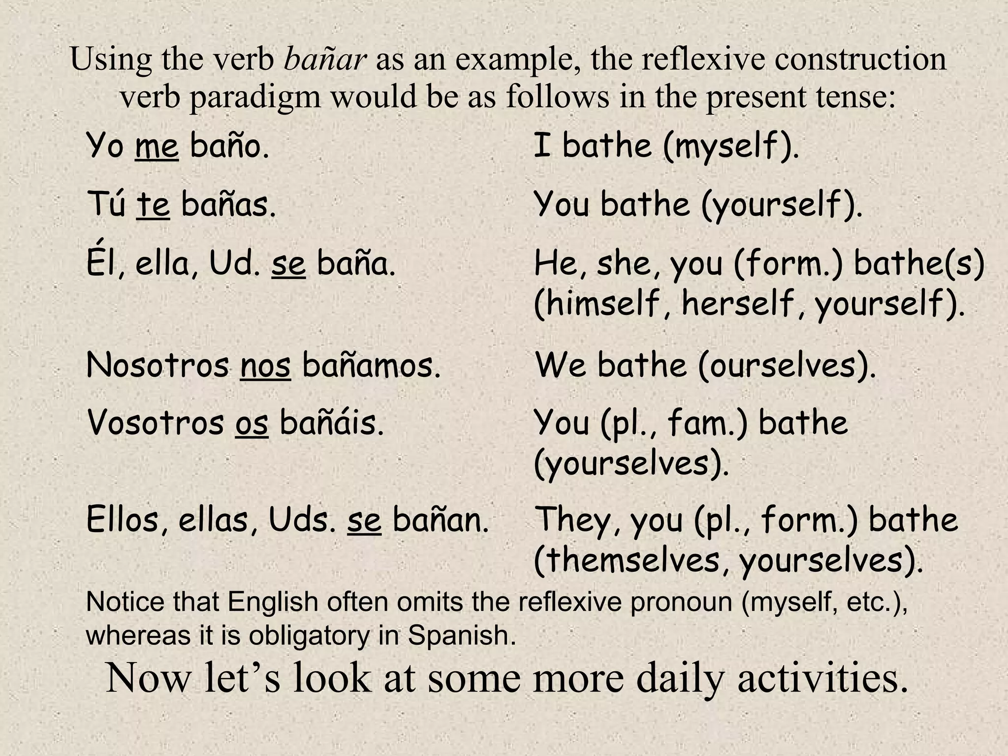 Yo me baño.
Nosotros nos bañamos.
Using the verb bañar as an example, the reflexive construction
verb paradigm would be as follows in the present tense:
Tú te bañas.
Él, ella, Ud. se baña.
Vosotros os bañáis.
Ellos, ellas, Uds. se bañan.
Now let’s look at some more daily activities.
I bathe (myself).
You bathe (yourself).
He, she, you (form.) bathe(s)
(himself, herself, yourself).
We bathe (ourselves).
You (pl., fam.) bathe
(yourselves).
They, you (pl., form.) bathe
(themselves, yourselves).
Notice that English often omits the reflexive pronoun (myself, etc.),
whereas it is obligatory in Spanish.
 