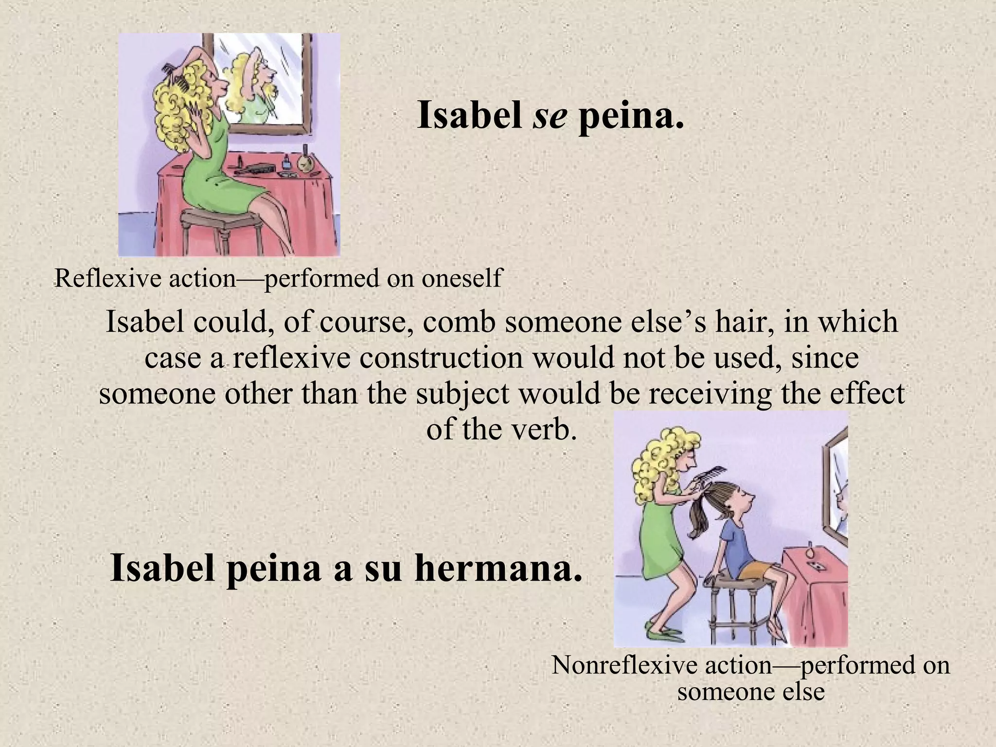 Isabel could, of course, comb someone else’s hair, in which
case a reflexive construction would not be used, since
someone other than the subject would be receiving the effect
of the verb.
Isabel se peina.
Reflexive action—performed on oneself
Isabel peina a su hermana.
Nonreflexive action—performed on
someone else
 