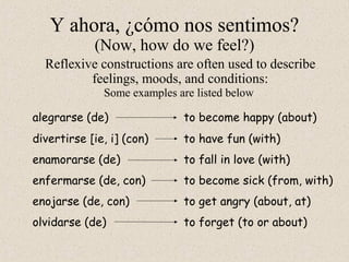 (Now, how do we feel?)
Reflexive constructions are often used to describe
feelings, moods, and conditions:
alegrarse (de)
Some examples are listed below
divertirse [ie, i] (con)
enamorarse (de)
enfermarse (de, con)
enojarse (de, con)
olvidarse (de)
to become happy (about)
to have fun (with)
to fall in love (with)
to become sick (from, with)
to get angry (about, at)
to forget (to or about)
Y ahora, ¿cómo nos sentimos?
 