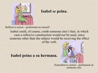 Isabel could, of course, comb someone else’s hair, in which
case a reflexive construction would not be used, since
someone other than the subject would be receiving the effect
of the verb.
Isabel se peina.
Reflexive action—performed on oneself
Isabel peina a su hermana.
Nonreflexive action—performed on
someone else
 
