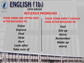 10TH GRADE
REFLEXIVE PRONOUNS
Enjoy
Express
Find
Help
Hurt
Look after
Take care of
THESE VERBS ARE OFTEN USED
AFTER REFLEXIVE PR.
THESE VERBS AREN’T USUALLY
USED AFTER REFLEXIVE PR.
Feel
Get up
Hurry
Remember
Wake up
worry