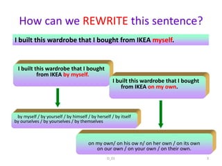 D_01 3
I built this wardrobe that I bought
from IKEA by myself.
I built this wardrobe that I bought
from IKEA on my own.
How can we REWRITE this sentence?
I built this wardrobe that I bought from IKEA myself.
by myself / by yourself / by himself / by herself / by itself
by ourselves / by yourselves / by themselves
on my own/ on his ow n/ on her own / on its own
on our own / on your own / on their own.
 