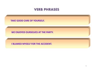 6
TAKE GOOD CARE OF YOURSELF.
WE ENJOYED OURSELVES AT THE PARTY.
I BLAMED MYSELF FOR THE ACCIDENT.
VERB PHRASES
 