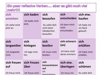 sich anziehen  Ich ziehe mich jetzt an.  sich baden     Ich bade mich jetzt.  sich besaufen     Du sollst dich nicht beim Oktoberfest besaufen.  sich entscheiden   Ich kann mich nicht entscheiden.  sich etw. kaufen Ich habe mir ein Rock gekauft. sich langweilen Ich langweile mich sich hinlegen Ich lege mich hin.  sich beeilen  Ich muss mich beeilen.  sich erinnern  (an)   Ich kann mich daran erinnern.  sich erkälten     Ich habe mich erkältet.  sich freuen auf    Ich freue mich auf den Sommer.  sich freuen über  Ich freue mich darüber. (z.B. ein Geschenk) sich konzentrieren auf  Ich konzentriere mich auf meine Musik sich etw. überlegen     Ich muss mir das gut überlegen sich schämen   Du sollst dich schämen!  