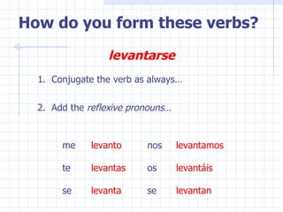 How do you form these verbs? levantarse 1.  Conjugate the verb as always… levanto levantamos levantas levantáis levanta levantan 2.  Add the  reflexive pronouns … me nos te os se se 