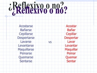 ¿Reflexivo o no? Acostarse Bañarse Cepillarse Despertarse Lavarse Levantarse Maquillarse Peinarse Quemarse Sentarse Acostar Bañar Cepillar Despertar Lavar Levantar Maquillar Peinar Quemar Sentar vs 