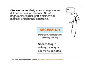 •Necessitat- el desig que s’amaga darrera
del que la persona demana. No són
negociables formen part d’elements d’
identitat, emocionals, espirituals.



                                             NECESSITAT
                                          Per a què ho necessito?
                                              (no negociable)


                                          Necessito que
                                          entenguis el que
                                          per mi és prioritari

CASCÓN, P.. Educar en y para el conflicto. http://www.pangea.org/pacoc/documentos/
 