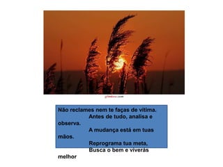 Não reclames nem te faças de vítima.                     Antes de tudo, analisa e observa.                     A mudança está em tuas mãos.                     Reprograma tua meta,                     Busca o bem e viverás melhor