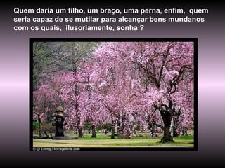Quem daria um filho, um braço, uma perna, enfim,  quem seria capaz de se mutilar para alcançar bens mundanos com os quais,  ilusoriamente, sonha ? 
