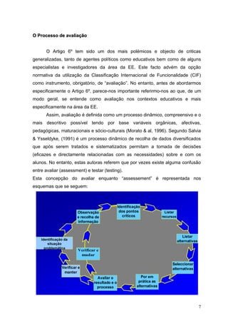 O Processo de avaliação


       O Artigo 6º tem sido um dos mais polémicos e objecto de criticas
generalizadas, tanto de agentes políticos como educativos bem como de alguns
especialistas e investigadores da área da EE. Este facto advém da opção
normativa da utilização da Classificação Internacional de Funcionalidade (CIF)
como instrumento, obrigatório, de “avaliação”. No entanto, antes de abordarmos
especificamente o Artigo 6º, parece-nos importante referirmo-nos ao que, de um
modo geral, se entende como avaliação nos contextos educativos e mais
especificamente na área da EE.
       Assim, avaliação é definida como um processo dinâmico, compreensivo e o
mais descritivo possível tendo por base variáveis orgânicas, afectivas,
pedagógicas, maturacionais e sócio-culturais (Morato & al, 1996). Segundo Salvia
& Ysseldyke, (1991) é um processo dinâmico de recolha de dados diversificados
que após serem tratados e sistematizados permitam a tomada de decisões
(eficazes e directamente relacionadas com as necessidades) sobre e com os
alunos. No entanto, estas autoras referem que por vezes existe alguma confusão
entre avaliar (assessment) e testar (testing).
Esta concepção do avaliar enquanto “assessement” é representada nos
esquemas que se seguem:



                                                  Identificação
                         Observação                dos pontos                 Listar
                         e recolha de                críticos               recursos
                         informação


                                                                                          Listar
    Identificação da                                                                   alternativas
        situação
      problemática
                         Verificar e
                          mudar

                                                                                 Seleccionar
                Verificar e                                                      alternativas
                 manter
                                    Avaliar o                   Por em
                                  resultado e o               prática as
                                    processo                 alternativas




                                                                                                      7
 