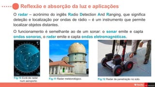 Reflexão e absorção da luz e aplicações
Fig.10 Ecrã de radar
num aeroporto.
O radar – acrónimo do inglês Radio Detection And Ranging, que significa
deteção e localização por ondas de rádio – é um instrumento que permite
localizar objetos distantes.
O funcionamento é semelhante ao de um sonar: o sonar emite e capta
ondas sonoras, o radar emite e capta ondas eletromagnéticas.
Fig.11 Radar meteorológico. Fig.12 Radar de penetração no solo.
 