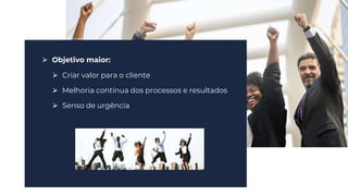 ⮚ Objetivo maior:
⮚ Criar valor para o cliente
⮚ Melhoria contínua dos processos e resultados
⮚ Senso de urgência
 