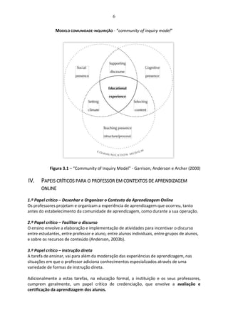 6
MODELO COMUNIDADE-INQUIRIÇÃO - “community of inquiry model”
Figura 3.1 – “Community of Inquiry Model” - Garrison, Anderson e Archer (2000)
IV. PAPEIS CRÍTICOS PARA O PROFESSOR EM CONTEXTOS DE APRENDIZAGEM
ONLINE
1.º Papel crítico – Desenhar e Organizar o Contexto da Aprendizagem Online
Os professores projetam e organizam a experiência de aprendizagem que ocorreu, tanto
antes do estabelecimento da comunidade de aprendizagem, como durante a sua operação.
2.º Papel crítico – Facilitar o discurso
O ensino envolve a elaboração e implementação de atividades para incentivar o discurso
entre estudantes, entre professor e aluno, entre alunos individuais, entre grupos de alunos,
e sobre os recursos de conteúdo (Anderson, 2003b).
3.º Papel crítico – Instrução direta
A tarefa de ensinar, vai para além da moderação das experiências de aprendizagem, nas
situações em que o professor adiciona conhecimentos especializados através de uma
variedade de formas de instrução direta.
Adicionalmente a estas tarefas, na educação formal, a instituição e os seus professores,
cumprem geralmente, um papel crítico de credenciação, que envolve a avaliação e
certificação da aprendizagem dos alunos.
 