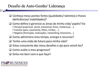  Conheço meus pontos fortes (qualidades/ talentos) e fracos
(deficiências/ inabilidades)?
 Como defino e gerencio as áreas da minha vida/ papéis? Ex:
 Pessoal (espiritual, social, emocional, físico, intelectual, ...)
 Familiar (pais, casamento, filhos, irmãos, ...)
 Negócio (formação, realizações, networking, financeiro,...)
 Como administro meu tempo, energia e recursos?
 Tenho uma visão de futuro para minha vida?
 Estou consciente dos meus desafios e ajo para vencê-los?
 Como avalio o meu progresso?
 Sinto-me bem com o que faço?
Desafio de Auto-Gestão/ Liderança
 