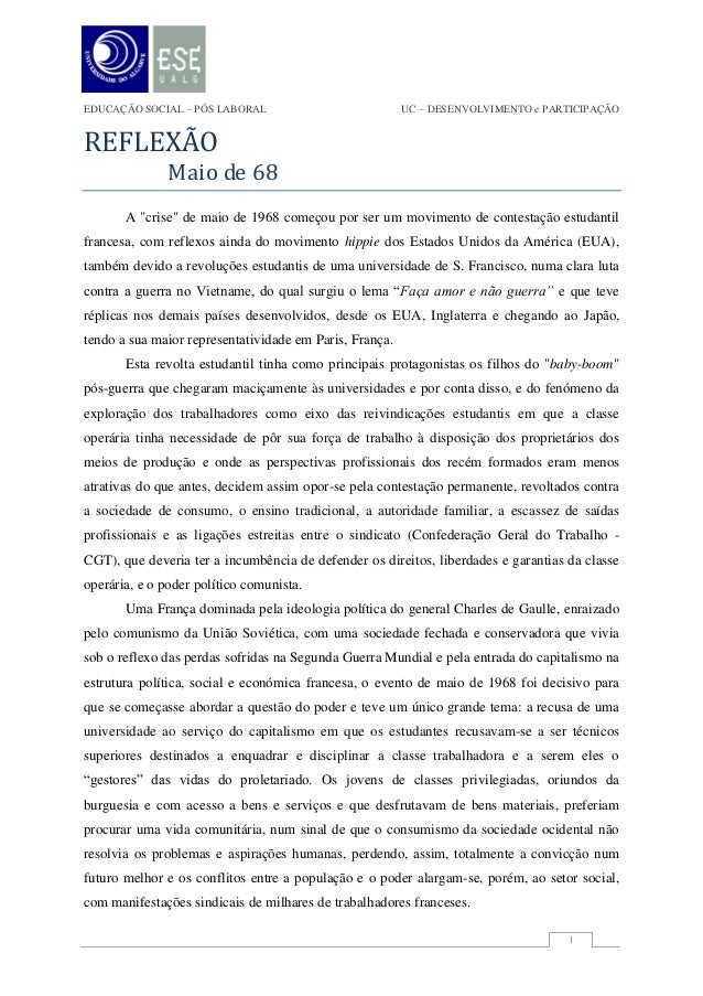 EDUCAÇÃO SOCIAL – PÓS LABORAL                            UC – DESENVOLVIMENTO e PARTICIPAÇÃOREFLEXÃO              Maio de ...