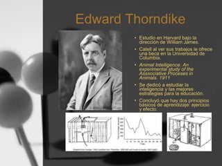 Edward Thorndike
• Estudio en Harvard bajo la
dirección de William James.
• Catell al ver sus trabajos le ofrece
una beca en la Universidad de
Columbia.
• Animal Intelligence: An
experimental study of the
Asssociative Proceses in
Animals. 1911
• Se dedicó a estudiar la
inteligencia y las mejores
estrategias para la educación.
• Concluyó que hay dos principios
básicos de aprendizaje: ejercicio
y efecto.
 