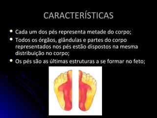 CARACTERÍSTICASCARACTERÍSTICAS
 Cada um dos pés representa metade do corpo;Cada um dos pés representa metade do corpo;
 Todos os órgãos, glândulas e partes do corpoTodos os órgãos, glândulas e partes do corpo
representados nos pés estão dispostos na mesmarepresentados nos pés estão dispostos na mesma
distribuição no corpo;distribuição no corpo;
 Os pés são as últimas estruturas a se formar no feto;Os pés são as últimas estruturas a se formar no feto;
 