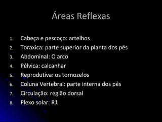 Áreas ReflexasÁreas Reflexas
1.1. Cabeça e pescoço: artelhosCabeça e pescoço: artelhos
2.2. Toraxica: parte superior da planta dos pésToraxica: parte superior da planta dos pés
3.3. Abdominal: O arcoAbdominal: O arco
4.4. Pélvica: calcanharPélvica: calcanhar
5.5. Reprodutiva: os tornozelosReprodutiva: os tornozelos
6.6. Coluna Vertebral: parte interna dos pésColuna Vertebral: parte interna dos pés
7.7. Circulação: região dorsalCirculação: região dorsal
8.8. Plexo solar: R1Plexo solar: R1
 