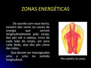 ZONAS ENERGÉTICASZONAS ENERGÉTICAS
De acordo com essa teoria,De acordo com essa teoria,
existem dez zonas ou canais deexistem dez zonas ou canais de
energia que corremenergia que correm
longitudinalmente pelo corpo,longitudinalmente pelo corpo,
dos pés até a cabeça, cinco dedos pés até a cabeça, cinco de
cada lado do corpo, um paracada lado do corpo, um para
cada dedo, seja dos pés comocada dedo, seja dos pés como
das mãos.das mãos.
Que devem ser massageadasQue devem ser massageadas
uma a uma no sentidouma a uma no sentido
longitudinal.longitudinal. Pés espelho do corpo
 