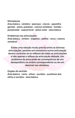 Menopausa
Área básica – cérebro – pescoço – cóccix – aparelho
genital – útero, próstata – coluna vertebral – tiroide –
paratiroide – suprarrenal – plexo solar – área básica
Problemas nas articulações
Área básica - ombro – trapézio – joelho – anca – coluna
vertebral
Existe uma relação muito precisa entre as diversas
articulações, perante um transtorno numa articulação,
devem controlar-se os reflexos de todas as articulações
e não apenas o reflexo da articulação afetada. Um
problema da anca pode ser consequência de um
desequilíbrio no ombro correspondente ou de um
desnível nas vértebras.
Orgãos do sentido
Área básica - nariz – olhos – ouvidos – auxiliares dos
olhos e ouvidos – área básica
 