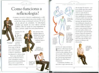 _".I,~.~'ft:S   DO   SA/Je                                                                                ~~'i.~TE.S         DO    SI1b
                                                                                                                                                                            ot
  ___________
            "_"                                     V            R                                             ___________                   "_' __         "'"                  R                          _


                                        REFLEXOLOGIA




                                                                                                                                                                       nao um grupo de sintomas - e po-
          Como funciona a                                                                                                                                              de nos ajudar tanto flsica quanto
                                                                                                                                                                       mentalmente, Os sintomas pre-

            reflexo logia?                                                                                                                                             sentes no corpo devido ao
                                                                                                                                                                       estresse podem ser aliviados e 0
                                                                                                                                                                       efeito equilibrador do tratamento
                 A EXEMPLO DE MUITAS TERAPIAS complementares, a refle-                                                                                                 aumenta a saude como um todo,
                  xologia nao e comprovada por uma teoria cientffica, a nao                                                                                            ao tratar das causas profundas dos
                   ser pelo fato de que as termina~i5es nervosas (70 mil na                                                                                            sintomas, nao apenas dos sinto-
                     sola de cada pe) SaD estimuladas, Os reflexologistas                                                                                              mas isoladamente, Quando nos
                    acreditam que atuando nas zonas reflexas e POsslVel                                                                                                sentimos melhor fisicamente, nos
                                                                                                                                    A regido do
                    equilibrar 0 fluxo de energia nas zonas longitudinais do                                                        corpa que                          sentimos tambem psicologica-
                                                                                                                                    precisa de
                    corpo e, portanto, ajudar seu correto funcionamento,                                                            tratamento        ea               mente, e uma sensa~ao de maior
                                                                                                                                    cabe,a                             bem-estar ajuda a reduzir os nl-
                     ESTILOS             DE                              nuca, dor nas costas,                                                                         veis de estresse e prevenir futuras
                                                                                                                                    A ESQUERDA
                     VIDA                                                 disturbios digestivos,                                                                       doen~as, Depois do tratamento
                                                                                                                                    Os reflexologis-
                           madas                                           debilidade do sistema                                                                       voce se sentira mais calmo, mais
                     U    causas                                            imune, pressao alta,
                                                                           doen~as de pele e
                                                                                                      o reflexolo-
                                                                                                                                    tas acreditam
                                                                                                                                    que 0 estresse
                                                                                                                                    mental e /isico
                                                                                                                                                                       tranquilo e mais otimista, e por-
                                                                                                                                                                       tanto mais capaz de lidar com 0
                     maiscomuns                                                                       gista atua 50-
                                                                                                                                    pode ser aliviado
                                                                            constantes gripes e       bre as zonas                                                     estresse e as doen~as a ele
                     das doen~as e                                                                    reflexas dos                  com a atuUfiio
Apressado para       0 estresse -   0                                        resfriados,              dedos dos pes                 sobre os pes,                      relacionadas,
                                                                                                      para aliviar 0
 os encontros        efeito das                                                                       problema
   press6es cotidianas sobre                                                                                                                                                                A reflexologia
   nosso corpo, ao lado de                                                        Trabalhaado                  ESTILOS       MELHORES                                                       pade conduzir a
                                                                              enquanw come com                                                                                              urn estilo de vida
   outras influencias nega-
   tivas, como a polui~ao,
                                                                              a cabe,a inclinada ao
                                                                            falar ao telefone m6ve1            E    mbora a reflexologia nao pos-
                                                                                                                   sa prevemr 0 estresse que
                                                                                                                                                                                            mais feliz e
                                                                                                                                                                                            satulaveL

   os aditivos e agrotoxicos                                                                                   ocorre na vida cotidiana, ela po-
   nos alimentos e a vida na cidade,                                                                           de nos ajudar a lidar melhor com
       Todos somos afetados pelo                                                                               ele e nos sentirmos mais relaxa-
   estresse em diferentes nlveis e,                                                                            dos, Um dos mais importantes
   como consequencia, muitos                                                                                   beneffcios da reflexologia e      0

   desenvolvem diversos problemas                                                                              relaxamento,
                                                          Preocupado com      0
   ffsicos, entre os quais dor de                         trabalho - tados
                                                          esses sdo fatores
                                                                                                                       o
                                                                                                                      tratamento e hollstico - ou
   cabe~a e enxaqueca, tensao na                          estressantes                                         seja, trata 0 corpo como um todo,
 