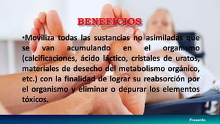 •Moviliza todas las sustancias no asimiladas que
se van acumulando en el organismo
(calcificaciones, ácido láctico, cristales de uratos,
materiales de desecho del metabolismo orgánico,
etc.) con la finalidad de lograr su reabsorción por
el organismo y eliminar o depurar los elementos
tóxicos.
BENEFICIOS
 