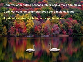Conviver com outras pessoas talvez seja o mais complexo. Conviver consigo  próprio (a) pode ser o mais delicado. A primeira amizade é feita com a gente mesmo. 