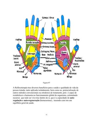 Figura 07
A Reflexoterapia traz diversos benefícios para a saúde e qualidade de vida da
pessoa tratada, tanto aplicada isoladamente, bem como na potencialização de
outros métodos convencionais ou ortodoxos de tratamento, pois é capaz de
restabelecer a harmonia no funcionamento global do organismo, estimulando
recursos que todo ser vivo traz dentro de si, que é a capacidade de auto-
regulação e auto-regeneração (homeoestase), trazendo com isto um
equilíbrio geral da saúde.
31
 