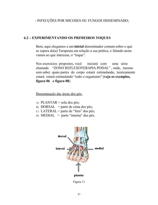 - INFECÇÕES POR MICOSES OU FUNGOS DISSEMINADO;
6.2 – EXPERIMENTANDO OS PRIMEIROS TOQUES
Bem, aqui chegamos a um inicial denominador comum sobre o que
se espera do(a) Terapeuta em relação a sua prática, e falando nesta
vamos ao que interessa, o “toque”.
Nos exercícios propostos, você iniciará com uma série
chamada “ZONO REFLEXOTERAPIA PODAL” , onde, mesmo
sem saber quais partes do corpo estará estimulando, teoricamente
estará estará estimulando “todo o organismo” (veja os exemplos,
figura 06 e figura 08).
Denominação das áreas dos pés:
A) PLANTAR = sola dos pés;
B) DORSAL = parte de cima dos pés;
C) LATERAL = parte de “fora” dos pés;
D) MEDIAL = parte “interna” dos pés.
Figura 11
47
 