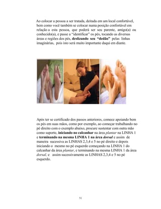Ao colocar a pessoa a ser tratada, deitada em um local confortável,
bem como você também se colocar numa posição confortável em
relação a esta pessoa, que poderá ser seu parente, amigo(a) ou
conhecido(a), e passe a “identificar” os pés, tocando as diversas
áreas e regiões dos pés, deslizando seu “dedão” pelas linhas
imaginárias, pois isto será muito importante daqui em diante.
Após ter se certificado dos passos anteriores, comece apoiando bem
os pés em suas mãos, como por exemplo, ao começar trabalhando no
pé direito com o exemplo abaixo, procure sustentar com outra mão
como suporte, iniciando no calcanhar na área plantar na LINHA 1
e terminando na mesma LINHA 1 na área dorsal e assim de
maneira sucessiva as LINHAS 2,3,4 e 5 no pé direito e depois
iniciando o mesmo no pé esquerdo começando na LINHA 1 do
calcanhar da área plantar, e terminando na mesma LINHA 1 da área
dorsal, e assim sucessivamente as LINHAS 2,3,4 e 5 no pé
esquerdo.
51
 