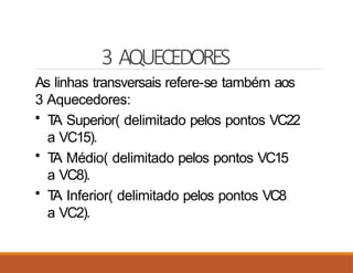 3 AQUECEDORES
As linhas transversais refere-se também aos
3 Aquecedores:
• T
A Superior( delimitado pelos pontos VC22
a VC15).
• T
A Médio( delimitado pelos pontos VC15
a VC8).
• T
A Inferior( delimitado pelos pontos VC8
a VC2).
 