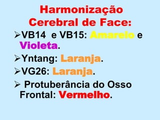 Harmonização
Cerebral de Face:
VB14 e VB15: Amarelo e
Violeta.
Yntang: Laranja.
VG26: Laranja.
 Protuberância do Osso
Frontal: Vermelho.
 