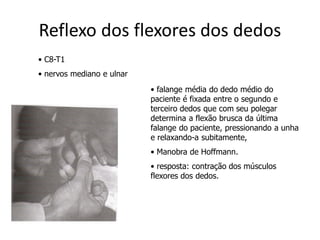 Reflexo dos flexores dos dedos
• C8-T1
• nervos mediano e ulnar
• falange média do dedo médio do
paciente é fixada entre o segundo e
terceiro dedos que com seu polegar
determina a flexão brusca da última
falange do paciente, pressionando a unha
e relaxando-a subitamente,
• Manobra de Hoffmann.
• resposta: contração dos músculos
flexores dos dedos.
 