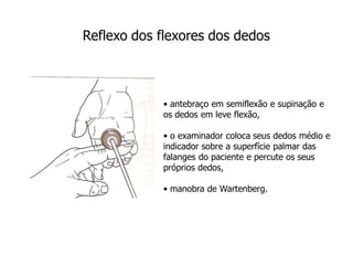• antebraço em semiflexão e supinação e
os dedos em leve flexão,
• o examinador coloca seus dedos médio e
indicador sobre a superfície palmar das
falanges do paciente e percute os seus
próprios dedos,
• manobra de Wartenberg.
Reflexo dos flexores dos dedos
 